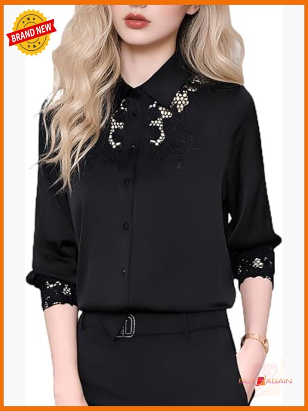 Long Sleeve Silk Blouse with Lace Hollow Out Button-Down Business Casual Top